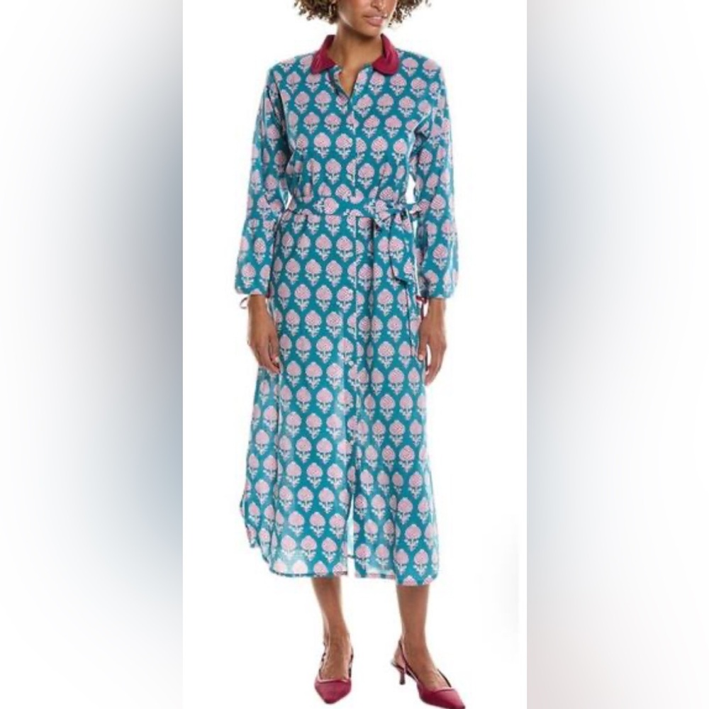 Pomegranate Teal Pom Flower Shifty Shirt Maxi Dress with Belt
